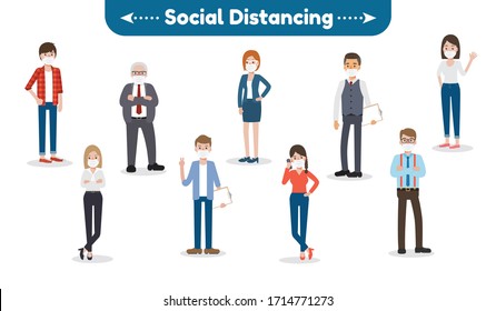 Young man ,woman, and old people showing other people avoid and prevent Coronavirus pandemic and Covid-19 spreading by social distancing. Coronavirus Disease awareness.