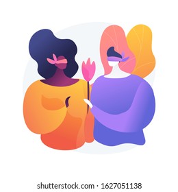 Young man and woman on blind date. Romantic surprise, amorous feelings expression, blindfolded lovers. Boyfriend giving girlfriend flower. Vector isolated concept metaphor illustration