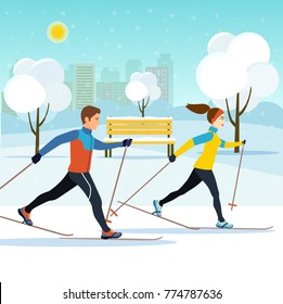 Young man and woman on cross-country skiing in the park. Vector flat style illustration