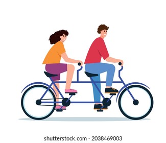 Young Man And Woman On Double Bycicle. Smiling Happy Couple Ride Tandem Bike. Character Flat Vector Illustration Isolated On White Background.