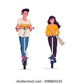 Hombre y mujer joven en motocicletas eléctricas. Pareja en transporte personal moderno. Ilustración vectorial plana