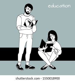 The young man and woman with open books. University students are standing, sitting and reading. Hand drawing learners boy, girl. Two persons isolated on grey. Education, studying. Linear style. Vector