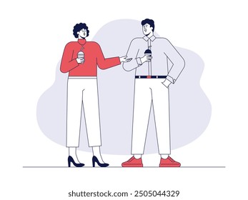 Young man and woman order same drink and chat casually, outline style, friendship vector illustration.
