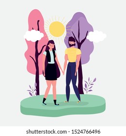 young man and woman outdoor - happy friendship day flat design vector illustration