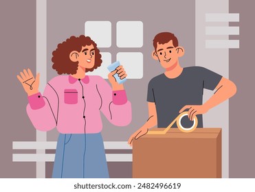 A young man and woman are packing things into boxes, moving, changing housing. Vector illustration in flat style. Colorful drawing for design and printing of sheets, websites and banners and more.
