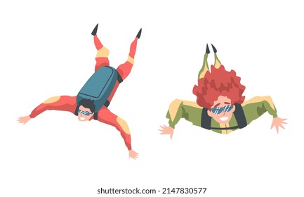 Young Man and Woman Paratrooper Free-falling in the Air with Parachute Vector Set