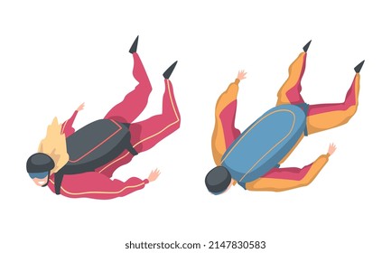 Young Man and Woman Paratrooper Free-falling in the Air with Parachute Vector Set