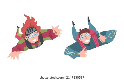 Young Man and Woman Paratrooper Free-falling in the Air with Parachute Vector Set