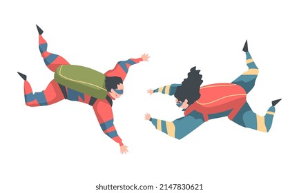 Young Man and Woman Paratrooper Free-falling in the Air with Parachute Vector Set