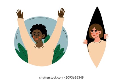 Young Man and Woman Peeking Out of Window with Flora Vector Set