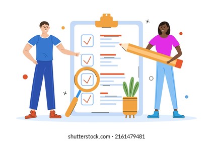 Young Man and woman with pencil standing around check list. All task check concept. Vector illustration