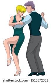 Young man and woman perform a tango or waltz dance. Vector image isolated on white background.