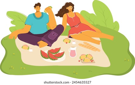 Young man woman picnic park enjoying food relaxed casual clothing friends summer weekend. Diverse couple eating watermelon park leisure activity picnic blanket greenery. People spend time together