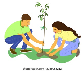 young man and woman are planting tree. Gardening, garden tools, spring, stalk. The couple plants seedling. girl helps  man plant  young tree. Vector.