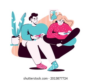 A young man and a woman play consoles while sitting on the couch together in a familiar home environment. The concept of a family evening together. Vector illustration isolated on white background.