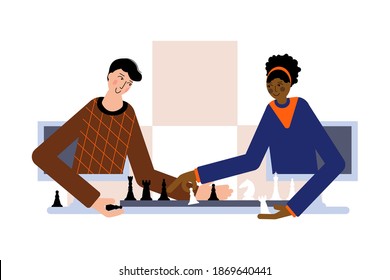 Young man and woman are playing chess online. Activities during the quarantine. Online chess tutorial. Flat vector illustration.
