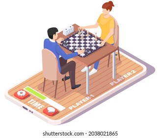 Young man and woman playing chess board game on smartphone screen, flat vector isometric illustration. Online chess tournament. Mobile gaming.