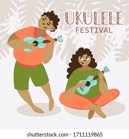 Young man and woman playing hawaiian guitar. Ukulele festival poster. Monstera plant leafs on background.