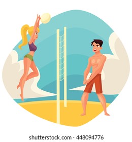 Young man and woman playing volleyball on the beach, cartoon vector illustration. Friends playing beach volleyball. Recreational summer activity, healthy lifestyle