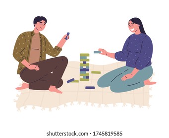 Young man and woman playing in wooden block game.Tower balance game.Wooden stack risk block toy for two or more persons.Flat cartoon characters isolated on white background.Vector illustration.