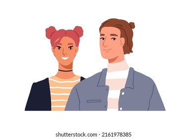 Young man and woman portrait. Love romantic couple of modern trendy people. Two happy smiling male and female characters, girl and guy friends. Flat vector illustration isolated on white background