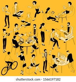 Young man and woman poses and activities flat design isometric vector ready to animation character set. Flat design poses and activities, busines, work and recreation collection.