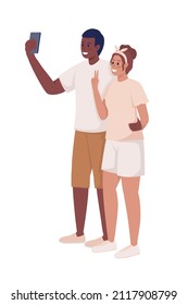 Young man and woman posing for picture semi flat color vector characters. Posing figures. Full body people on white. Simple cartoon style illustration for web graphic design and animation