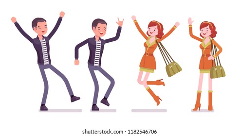 Young man woman positive emotions. Happy caucasian millennial boy and smiling attractive red-haired girl feel good and confident about life, jump with joy. Vector flat style cartoon illustration