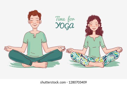 Young man and woman practicing yoga
