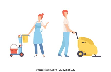 Young Man and Woman Professional Cleaner in Blue Uniform with Machine and Detergent Vector Set