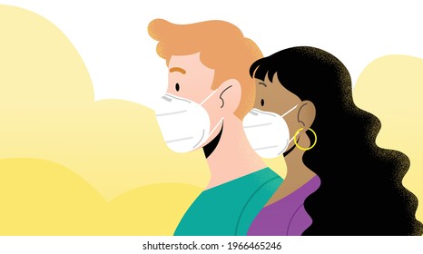 Young man and woman profile close-up flat vector, wearing protective white FFP2 or KN95 masks. Characters isolated. Masks can be removed. ¨Protection against coronavirus pandemic.