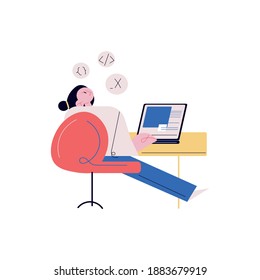 Programador joven o mujer sentado en el escritorio y trabajando con códigos
