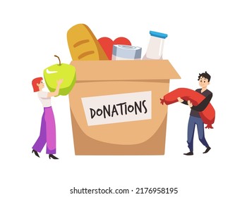 Young Man And Woman Put Groceries In Huge Box, Humanitarian Aid Flat Style, Vector Illustration Isolated On White Background. Donations, Charity, Volunteers