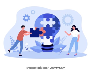 Young man and woman putting together puzzle into light bulb. Flat vector illustration. Creative people working on common idea, project, implementing it. Teamwork, project, business, creativity concept