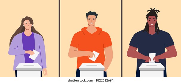 Young Man and Woman Putting Vote Paper into Election Box for General Regional or Presidential Election During Pandemic. Big People Flat Design Cartoon Style Vector Illustration