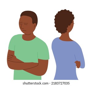 The young man and woman quarrel. African American. Family couple. Sad face. Hurt feelings and anger. People conflict. Flat vector illustration isolated on white background