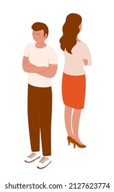 The young man and woman quarrel. Family couple. Hurt feelings and anger. Flat vector isometric illustration isolated on white background