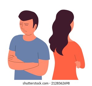 The young man and woman quarrel. Family couple. Sad face. Hurt feelings and anger. Flat vector illustration isolated on white background