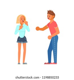 Young man and woman quarrelling and making a loud public scandal. Flat design isolated on white background. Vector illustration eps 10