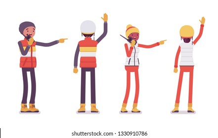 Young man, woman with radio pointing and waving, worker on ski resort, having active holiday, wintertime tourism and recreation. Vector flat style cartoon illustration isolated on white background