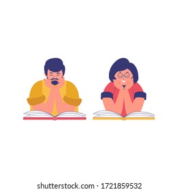 A Young Man And Woman Reading Book. Reading Book Club. Book Festival. Concept Of Online Reading Or Library, E-book, Online Education. Vector Illustration  For Banner, Flyer, Ad, Card