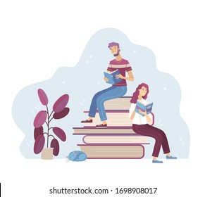 Young man and woman reading books while sitting on stack of big books. Happy people relaxing with book cartoon vector illustration. Students study in library, literary club or book festival concept.