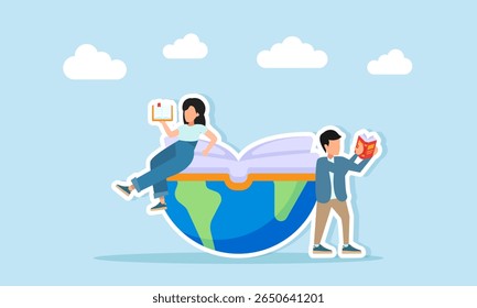 Young man and woman reading books around half of a globe with an open book illustration of expanding knowledge and literacy related to global encyclopedia