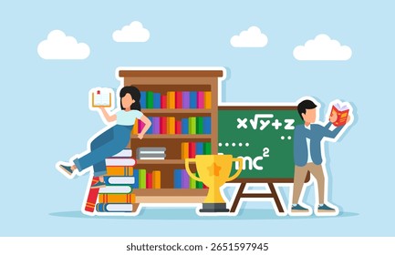 Young man and woman reading books near a stack of books whiteboard trophy and bookshelf illustration of finding references and literacy about math or physics