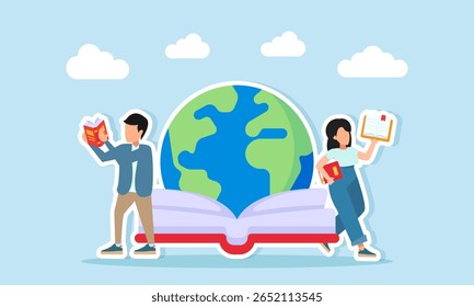 Young man and woman reading books near an open book and a globe illustration of expanding knowledge and literacy through world encyclopedia insight
