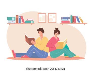 Young man and woman reading paper books. Smiling people, book lovers, readers or students characters. Education, literature, knowledge flat or cartoon vector illustration.