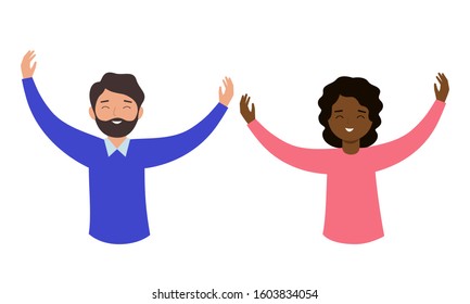 Young man and woman rejoice together. People have raised their hands and are cheering. Cute characters are smiling and greeting someone