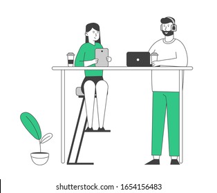 Young Man and Woman Relax in Cafe Sitting at Table with Coffee Cups, Laptop and Tablet in Hands. People Visiting Restaurant. Customers in Recreational Place. Cartoon Vector Illustration Linear