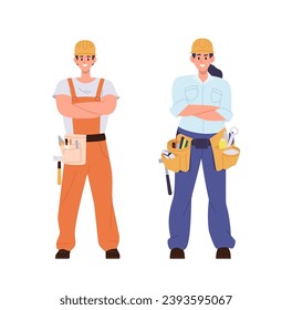 Young man and woman repair worker cartoon characters wearing uniform with tools belt on waist