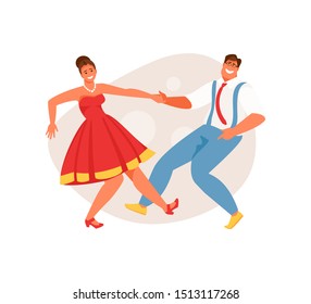 Young man and woman in retro clothes dancing rock and roll. Vector illustration